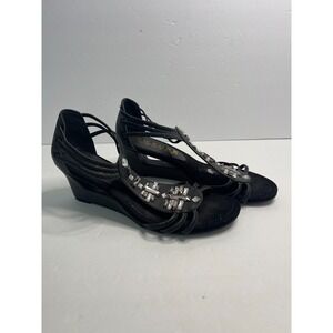 Womens New York Transit Sandals Black Leather Wedge Size 8 1/2 M Emble